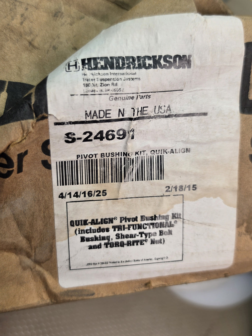 Hendrickson S-24691 QUIK-ALIGN Pivot Bushing Kit Trailer Suspension