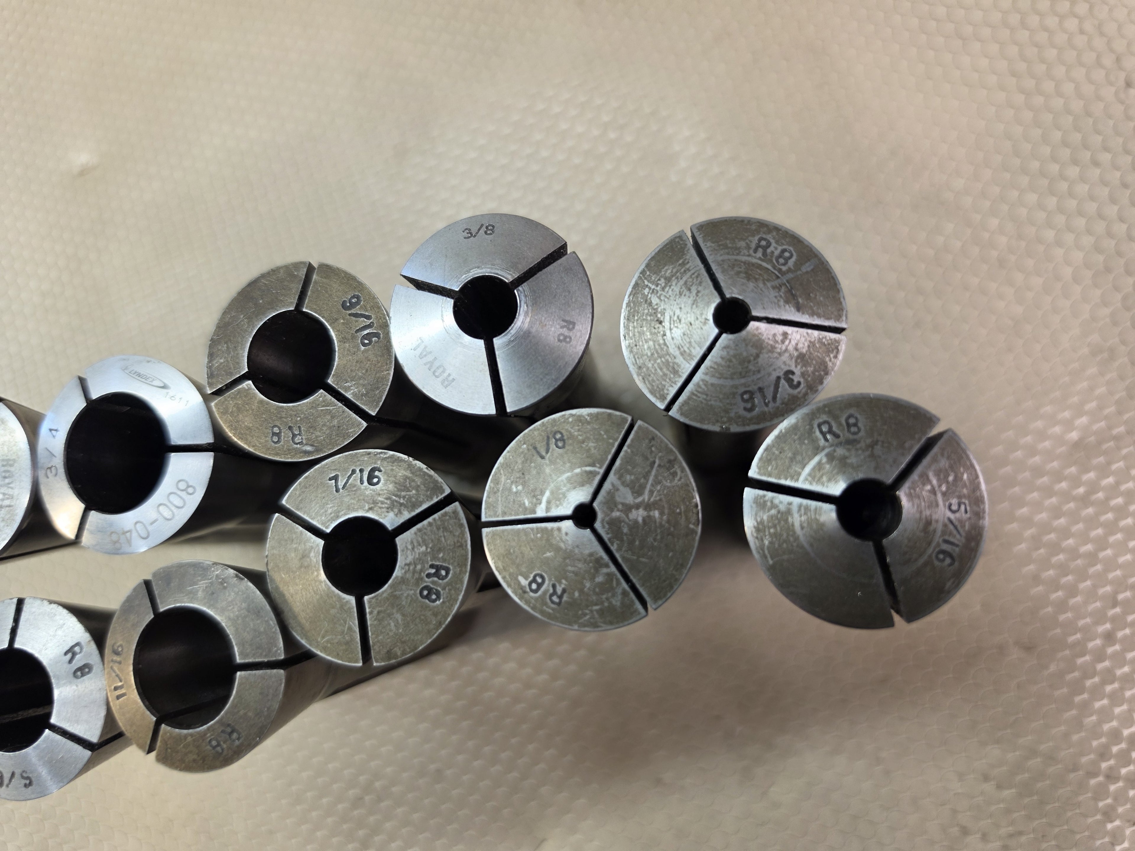 Lot of 10 R8 Collets Mixed Royal Lyndex 1/8-3/4" Mill Tooling Royal Lyndex & Other