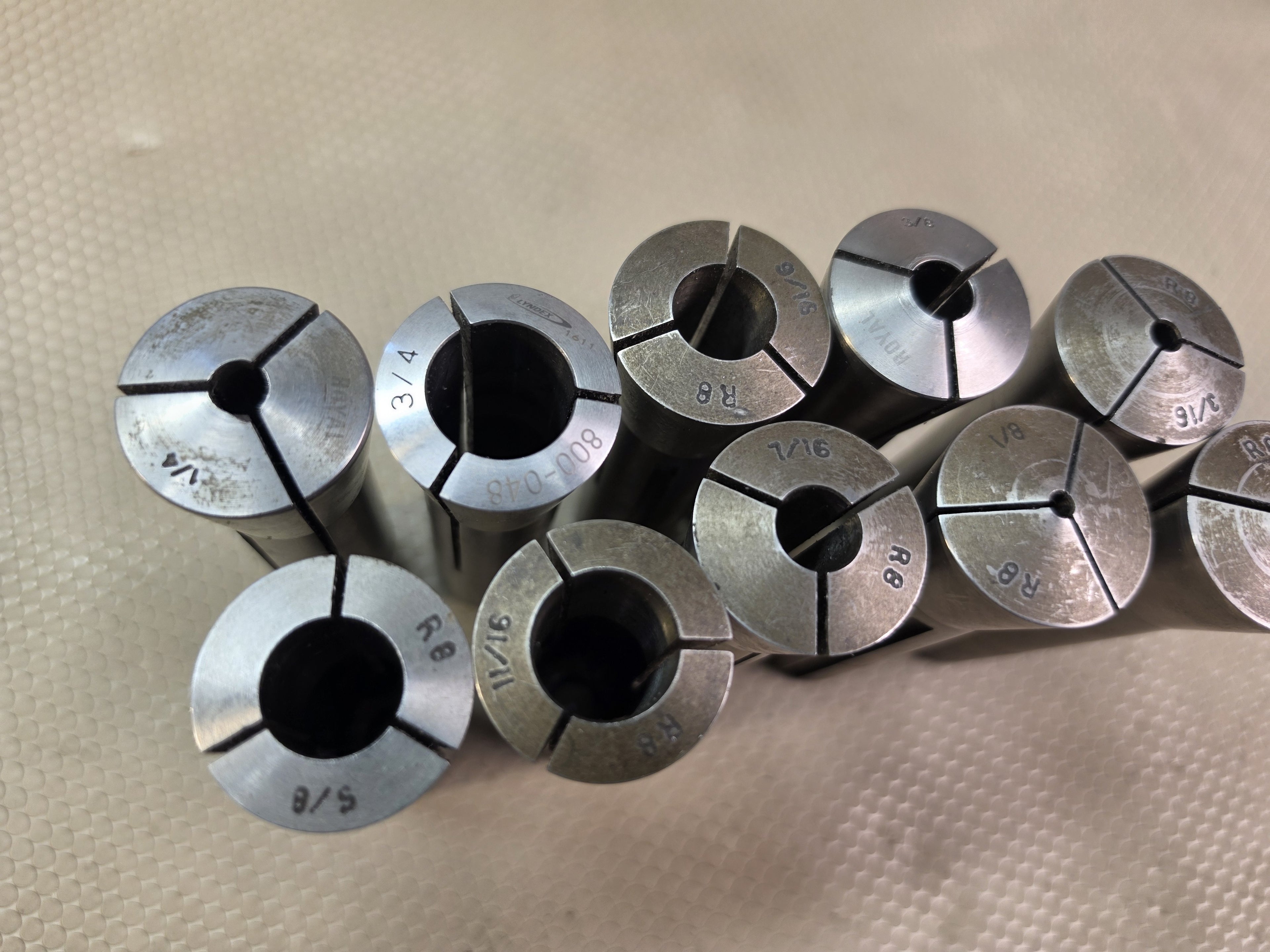 Lot of 10 R8 Collets Mixed Royal Lyndex 1/8-3/4" Mill Tooling Royal Lyndex & Other