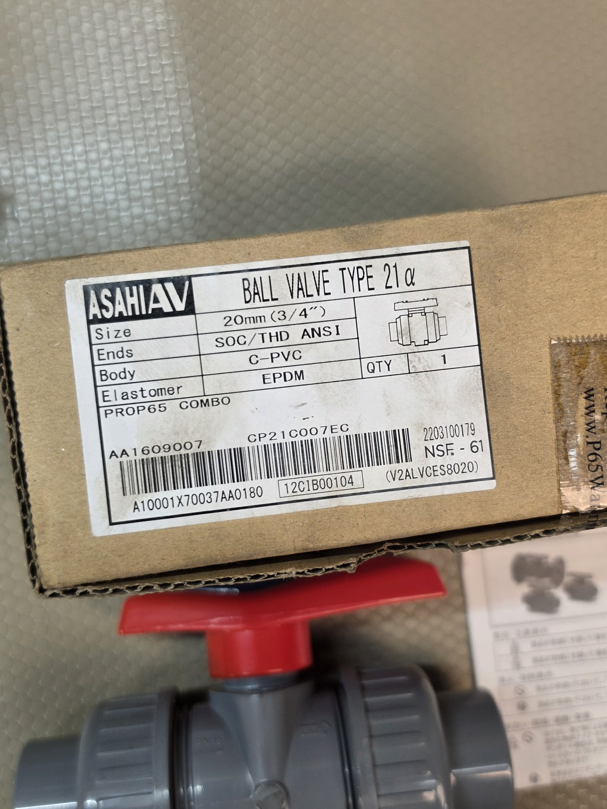 ASAHIAV 12C1B-00104 Type 21α Ball Valve 3/4" 20mm C-PVC EPDM (2 PIECES)