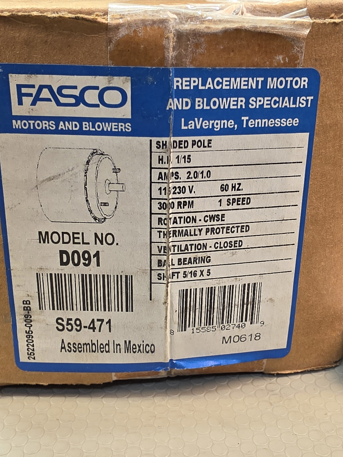 Fasco D091 S59-471 Blower Motor 1/15HP 115/230V 3000RPM CWSE - NEW