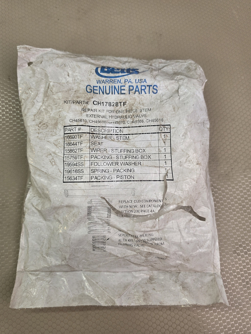 Betts CH17828TF External Hydraulic Valve Repair Kit Chemical Tank Trailer