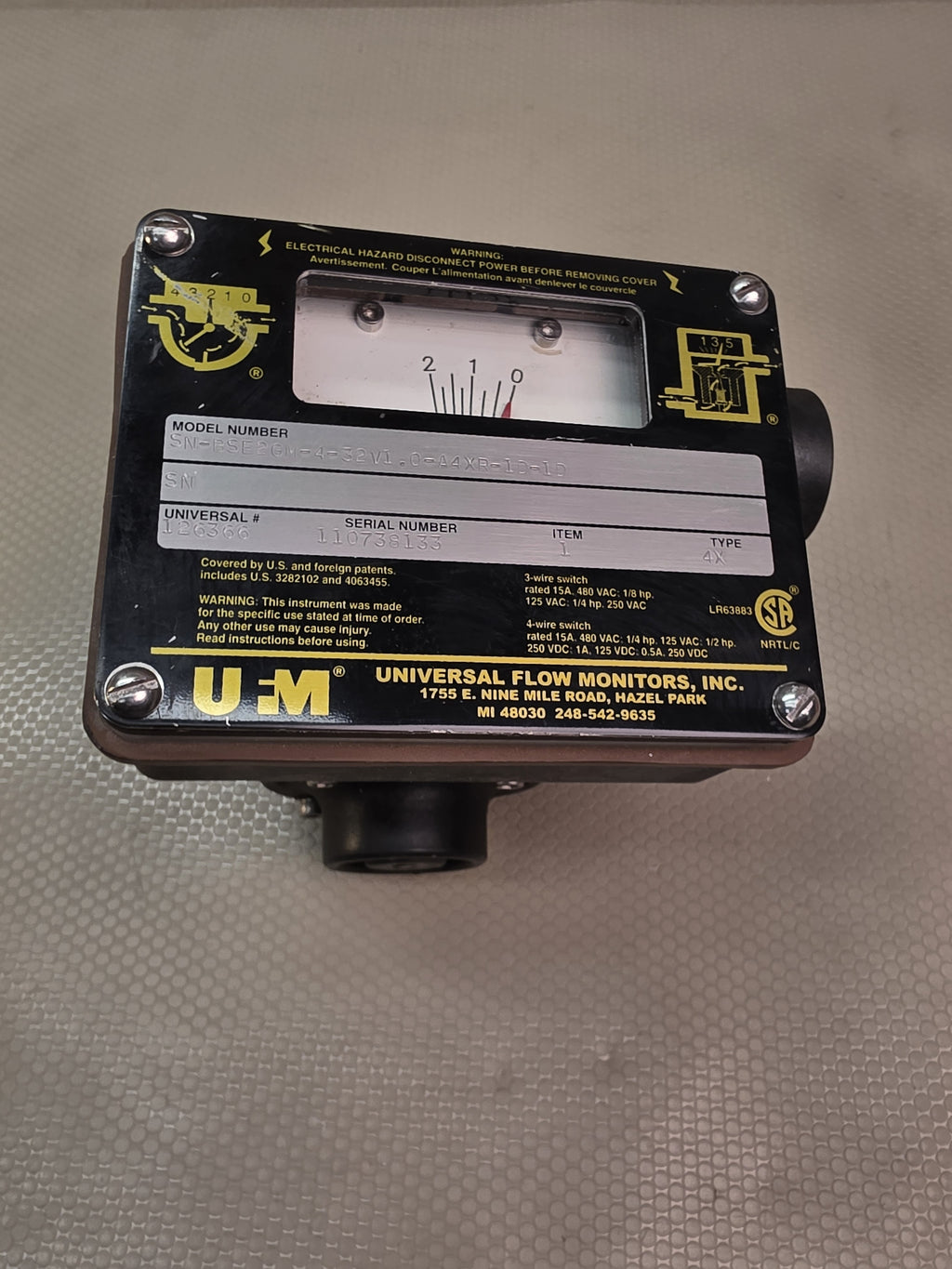 UFM SN-BSE2GM-4-32V1.0-A4XR-1D-1D 0-2 GPM Vane Flow Meter Dual Switch