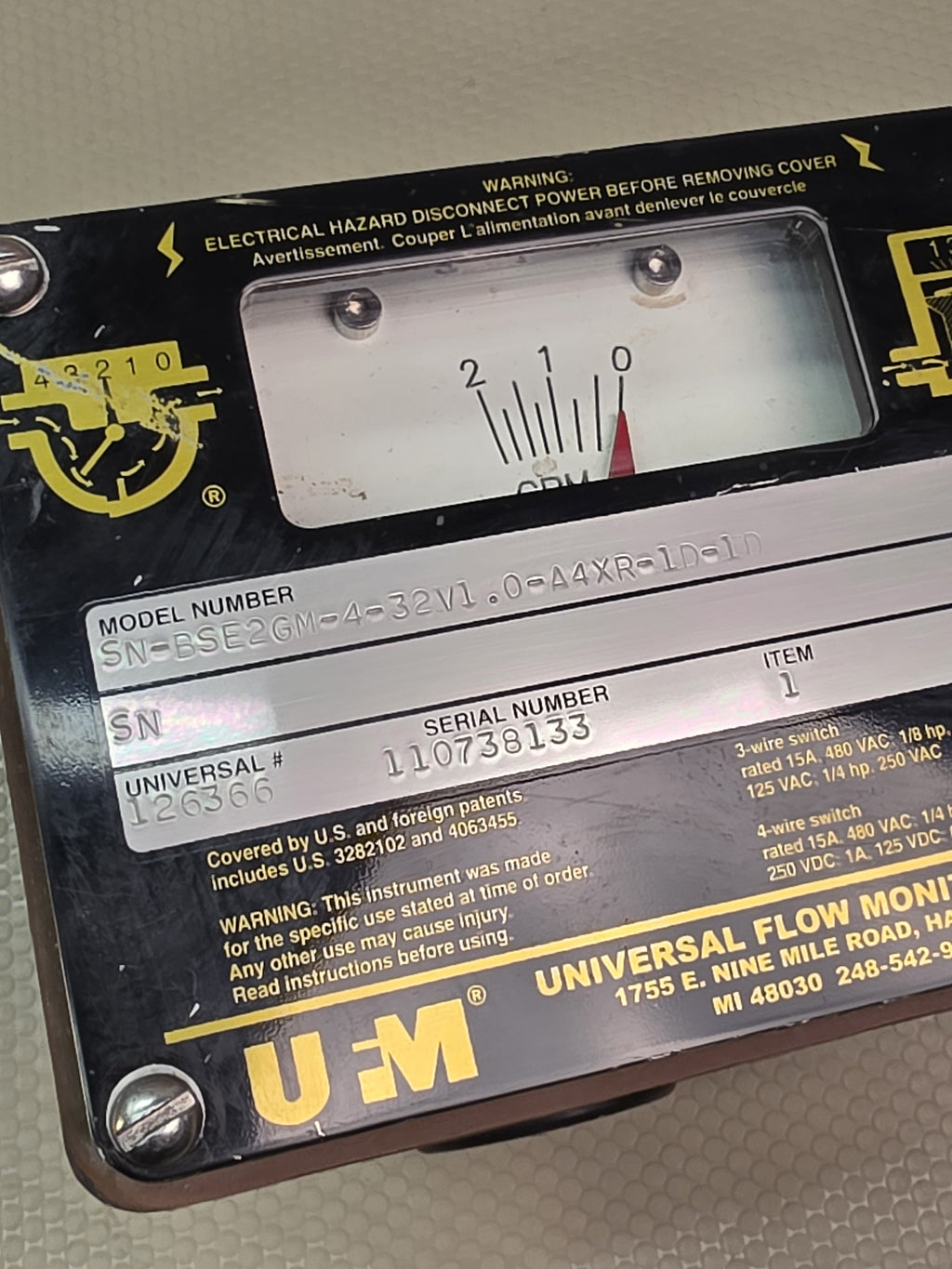 UFM SN-BSE2GM-4-32V1.0-A4XR-1D-1D 0-2 GPM Vane Flow Meter Dual Switch