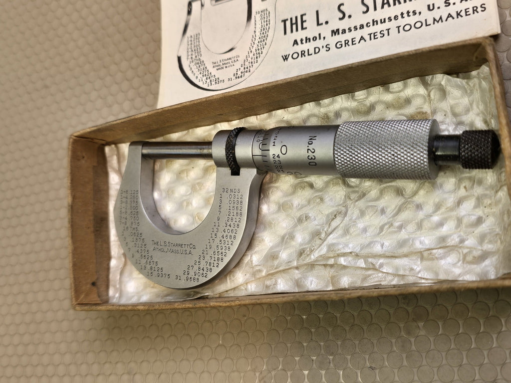 Starrett No. 230 Outside Micrometer 0-1" Ratchet Stop Machinist Tool Box MINT