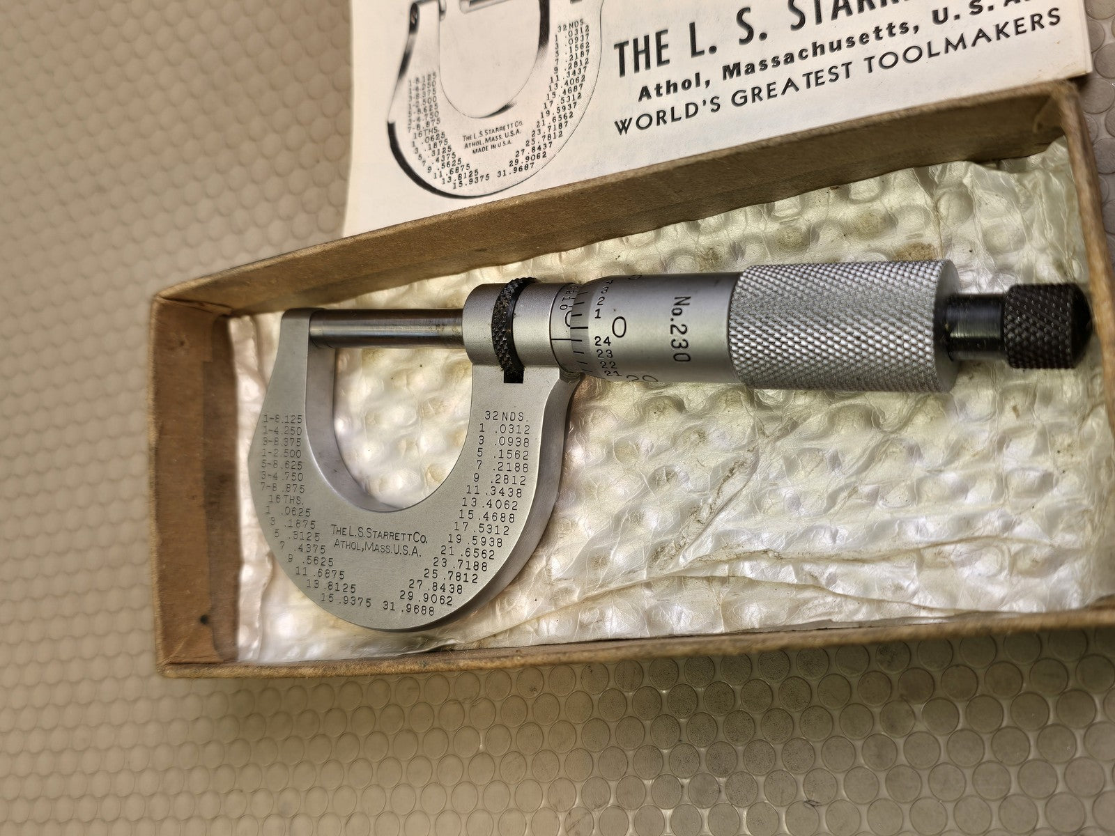Starrett No. 230 Outside Micrometer 0-1" Ratchet Stop Machinist Tool Box MINT
