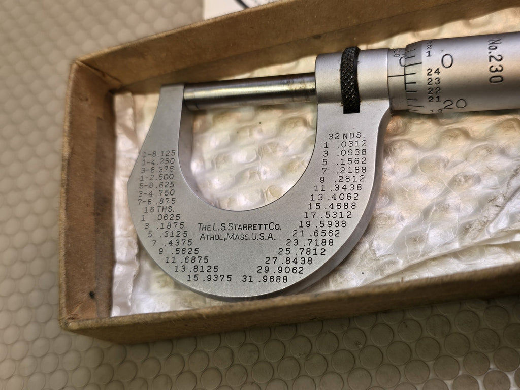Starrett No. 230 Outside Micrometer 0-1" Ratchet Stop Machinist Tool Box MINT