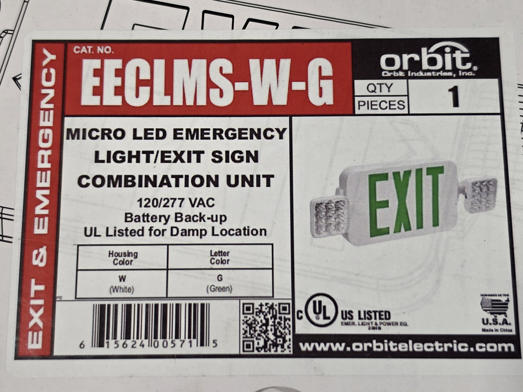 Orbit EECLMS-W-G Micro LED Emergency Exit Sign Light Combo Green Double Face