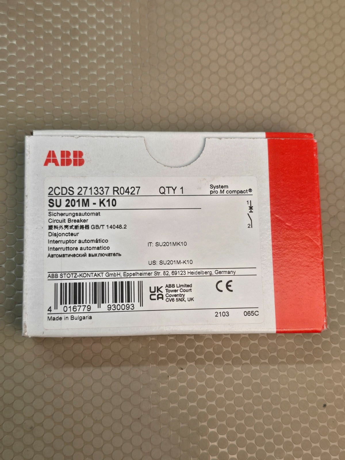 ABB SU 201M-K10 10A Circuit Breaker 2CDS271337R0427 System pro M compact