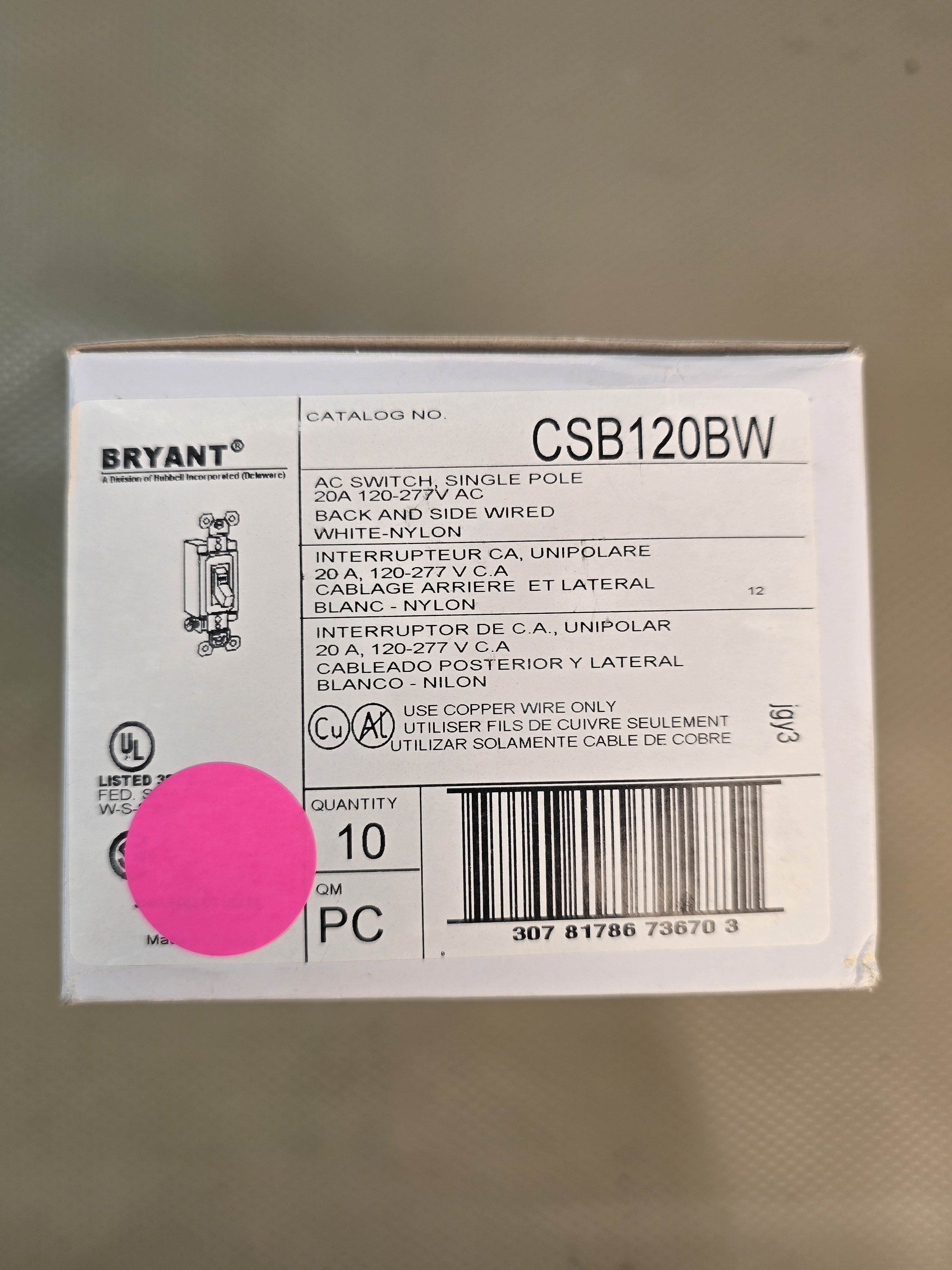 BRYANT CSB120BW Single Pole AC Switch 20A 120-277V White Nylon Lot of 10 NEW