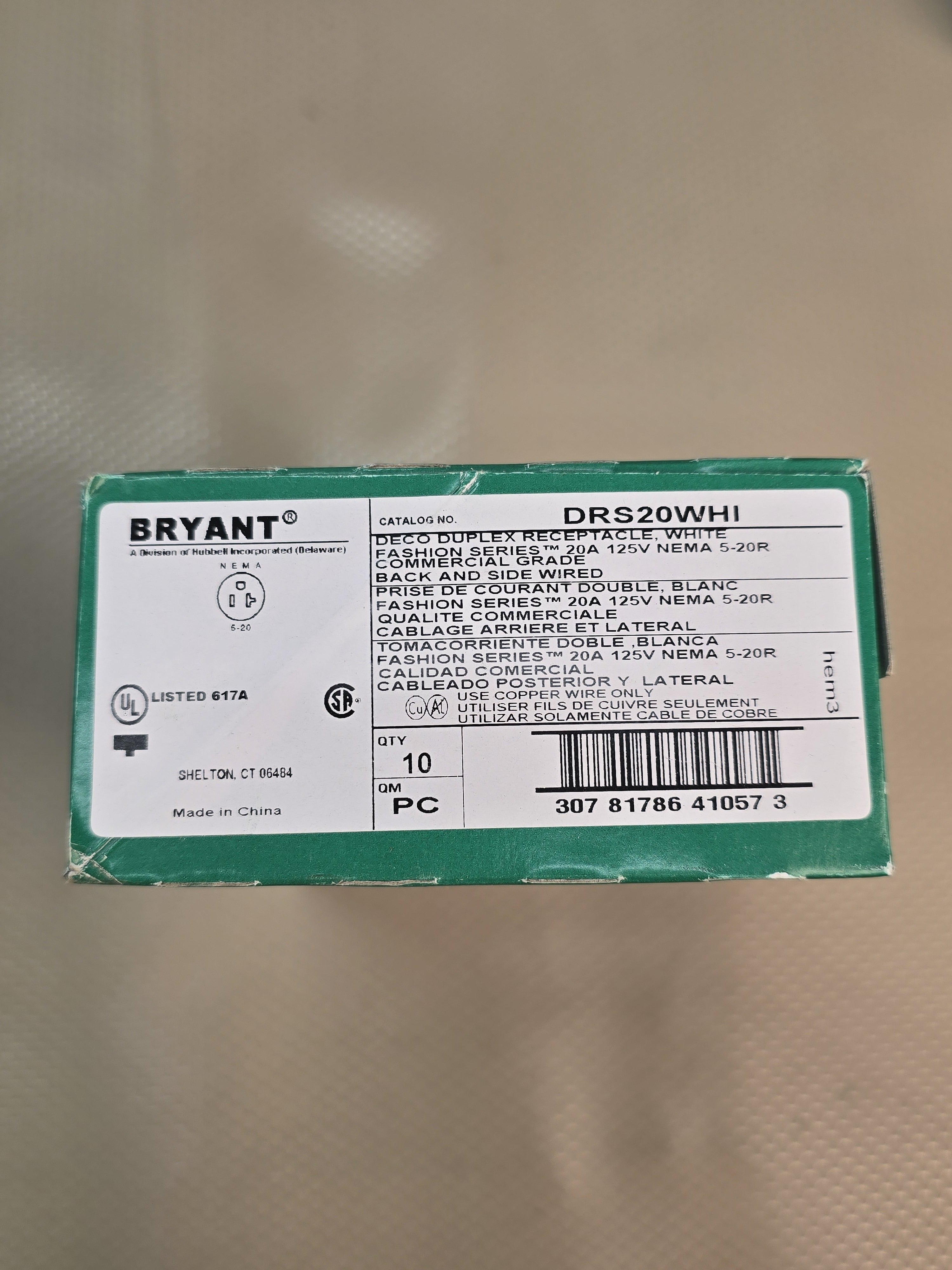 BRYANT DRS20WHI Duplex Receptacle 20A 125V NEMA 5-20R Commercial Grade QTY 10