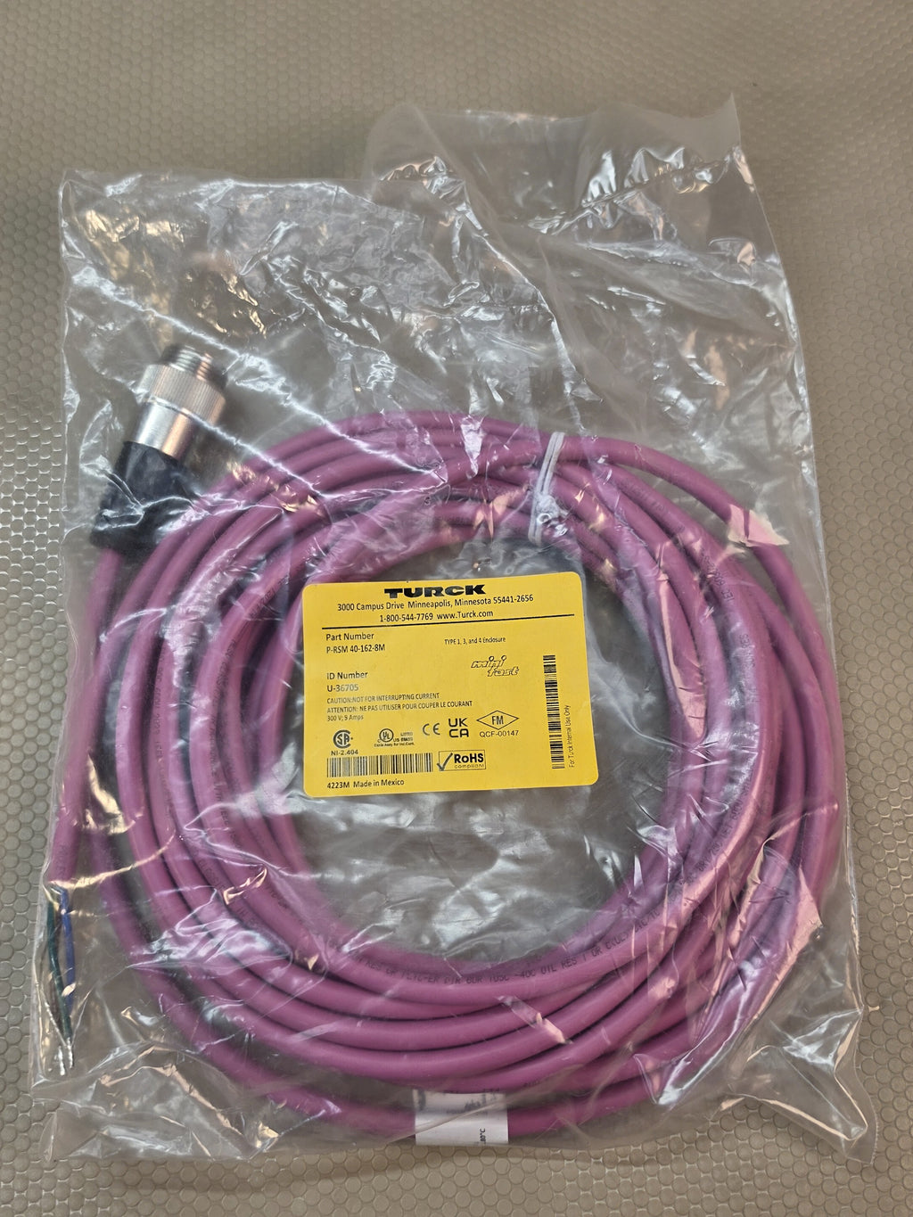 Turck P-RSM 40-162-8M U-36705 7/8 Minifast 4 Pin Male Cordset 8M Plum 300V - NEW