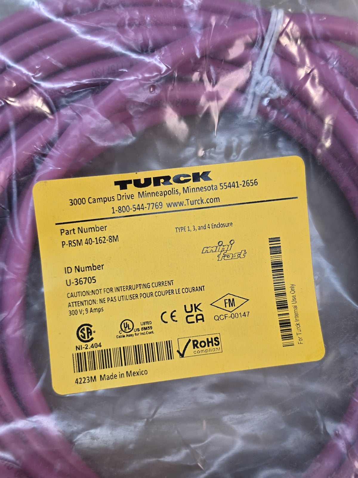 Turck P-RSM 40-162-8M U-36705 7/8 Minifast 4 Pin Male Cordset 8M Plum 300V - NEW