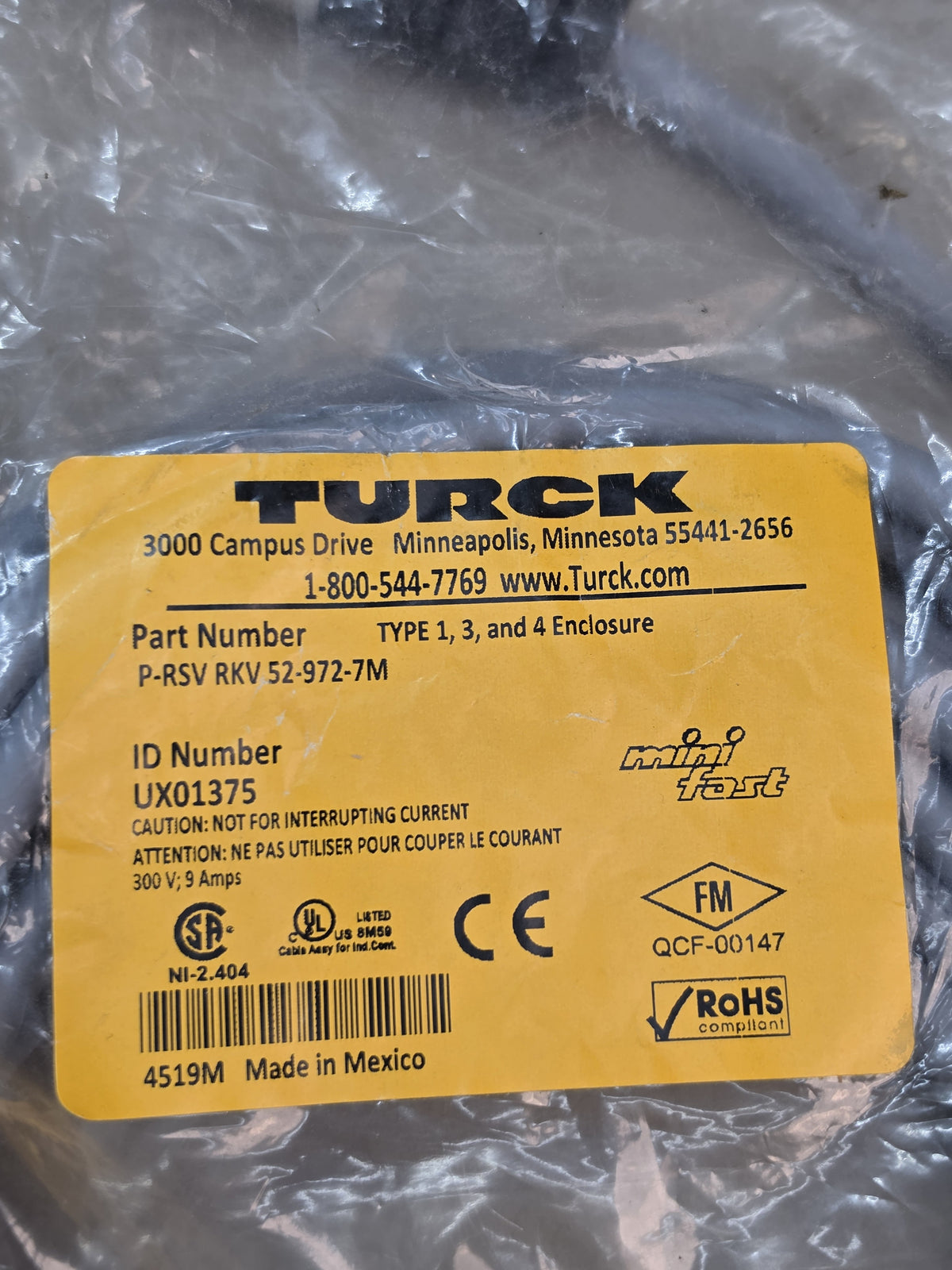 Turck P-RSV RKV 52-972-7M 7/8 Minifast 5 Pin Double Ended Cordset 7M UX01375 NEW