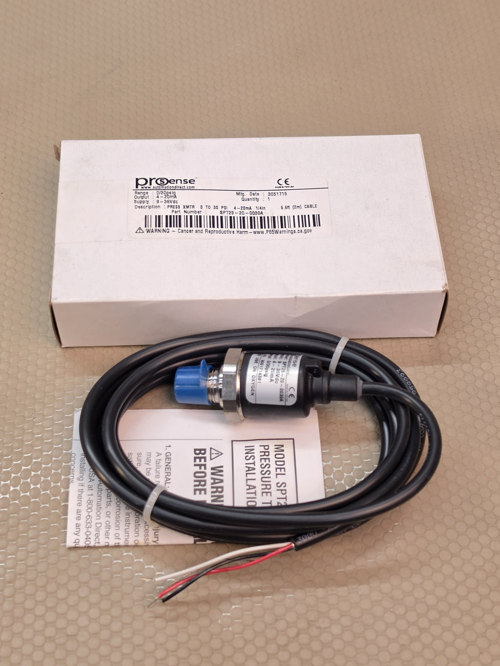 ProSense SPT25-20-0030A Pressure Transmitter 0-30 PSI 4-20mA 9-36Vdc 6.6ft - NEW
