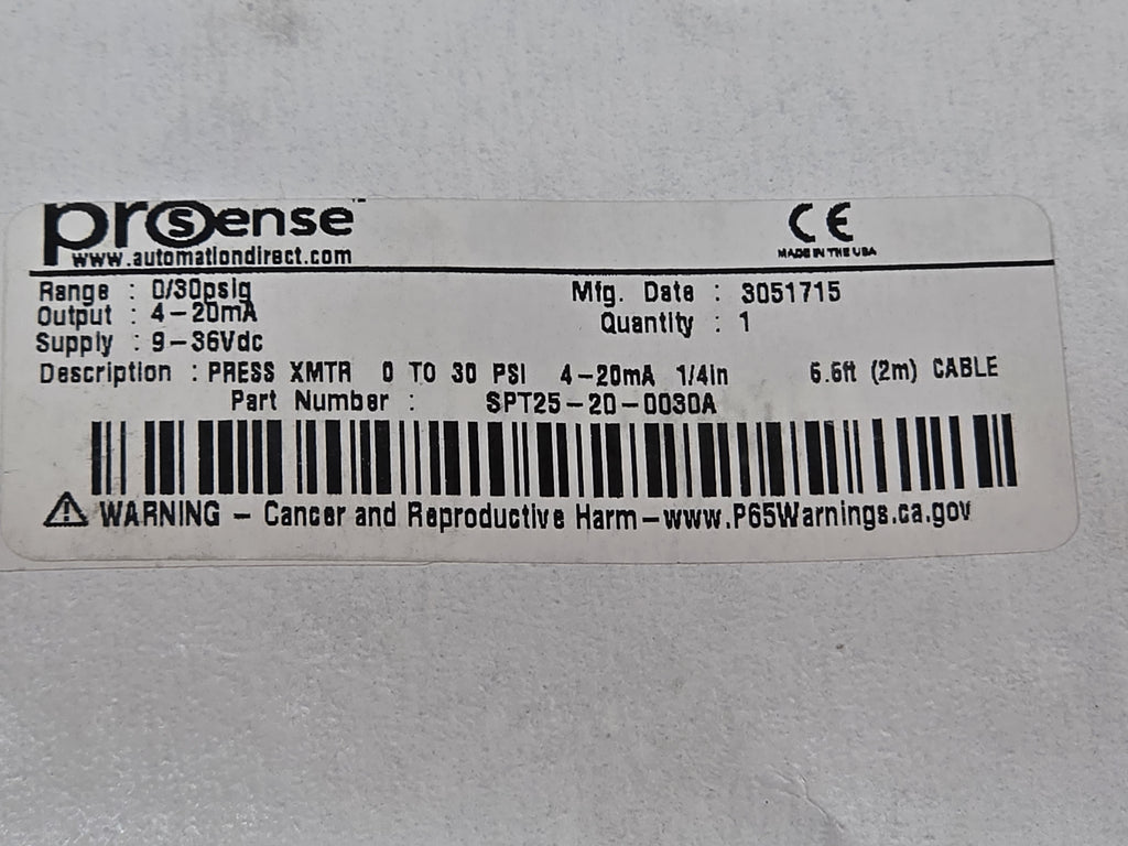 ProSense SPT25-20-0030A Pressure Transmitter 0-30 PSI 4-20mA 9-36Vdc 6.6ft - NEW