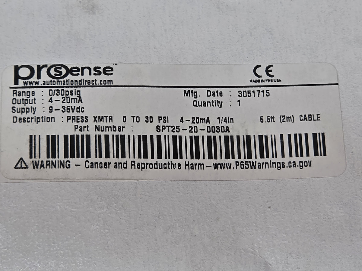 ProSense SPT25-20-0030A Pressure Transmitter 0-30 PSI 4-20mA 9-36Vdc 6.6ft - NEW