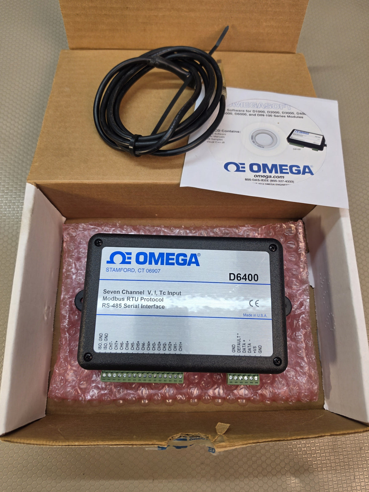 Omega D6400 7-Ch V/I/Tc Data Acquisition Module RS-485 Modbus RTU With Cable