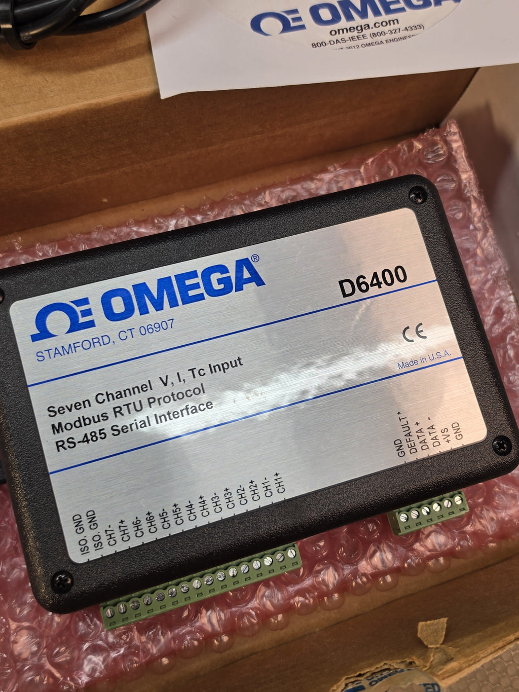 Omega D6400 7-Ch V/I/Tc Data Acquisition Module RS-485 Modbus RTU With Cable