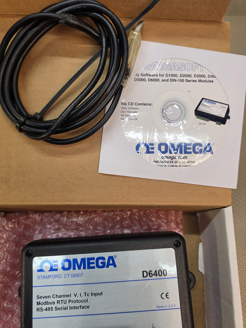 Omega D6400 7-Ch V/I/Tc Data Acquisition Module RS-485 Modbus RTU With Cable