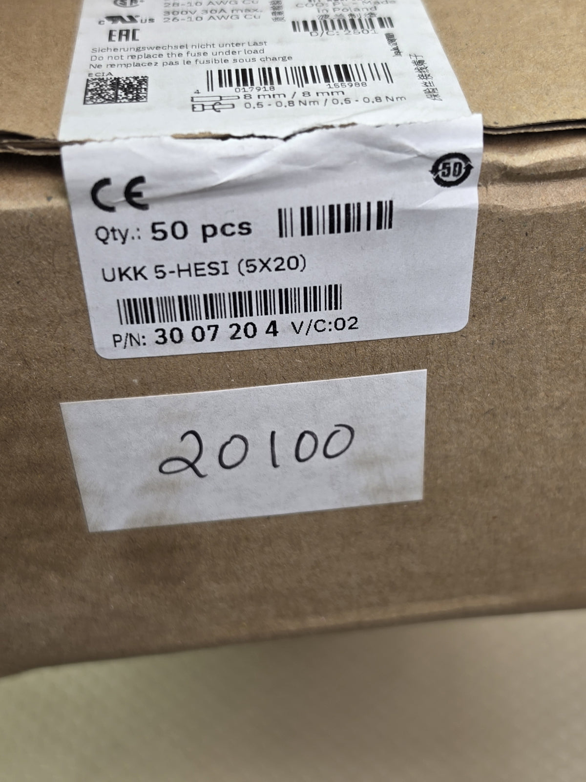 Phoenix Contact 3007204 UKK 5-HESI 5x20 Fuse Terminal Block - 50 Pieces - NEW