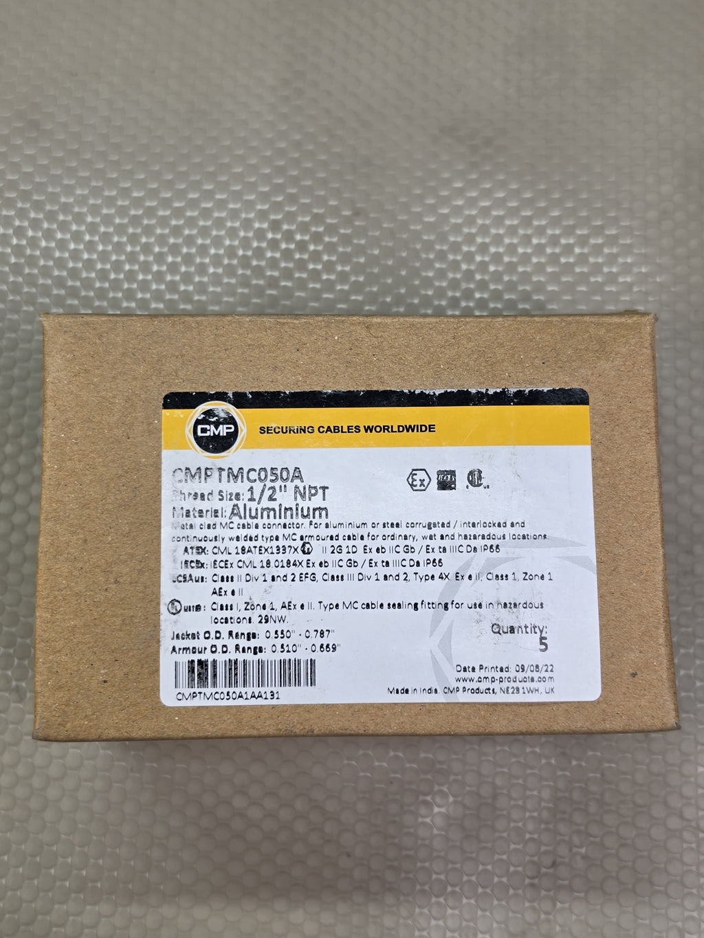 CMP CMPTMC050A 1/2" NPT Thread Aluminum Type MC Cable Connector Pack Of 5