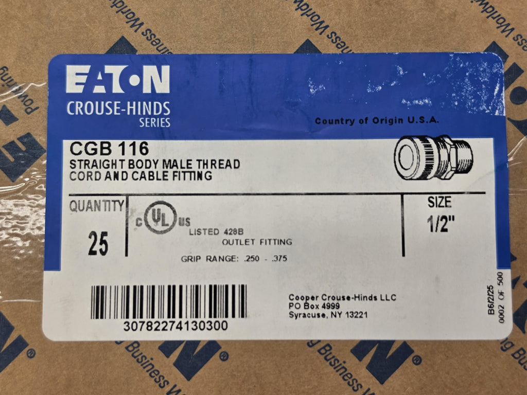 Eaton Crouse-Hinds CGB116 1/2 NPT Steel Cable Gland Cord Grip *Lot of 25*