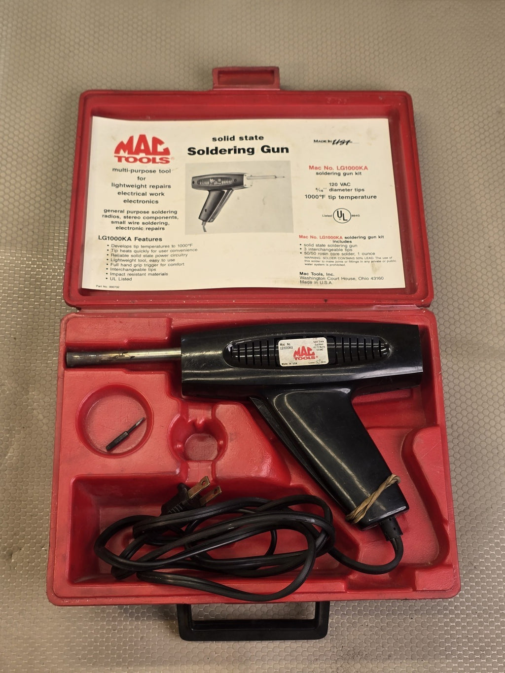 Mac Tools LG1000KA Solid State Soldering Gun Kit 1000°F with Case Used