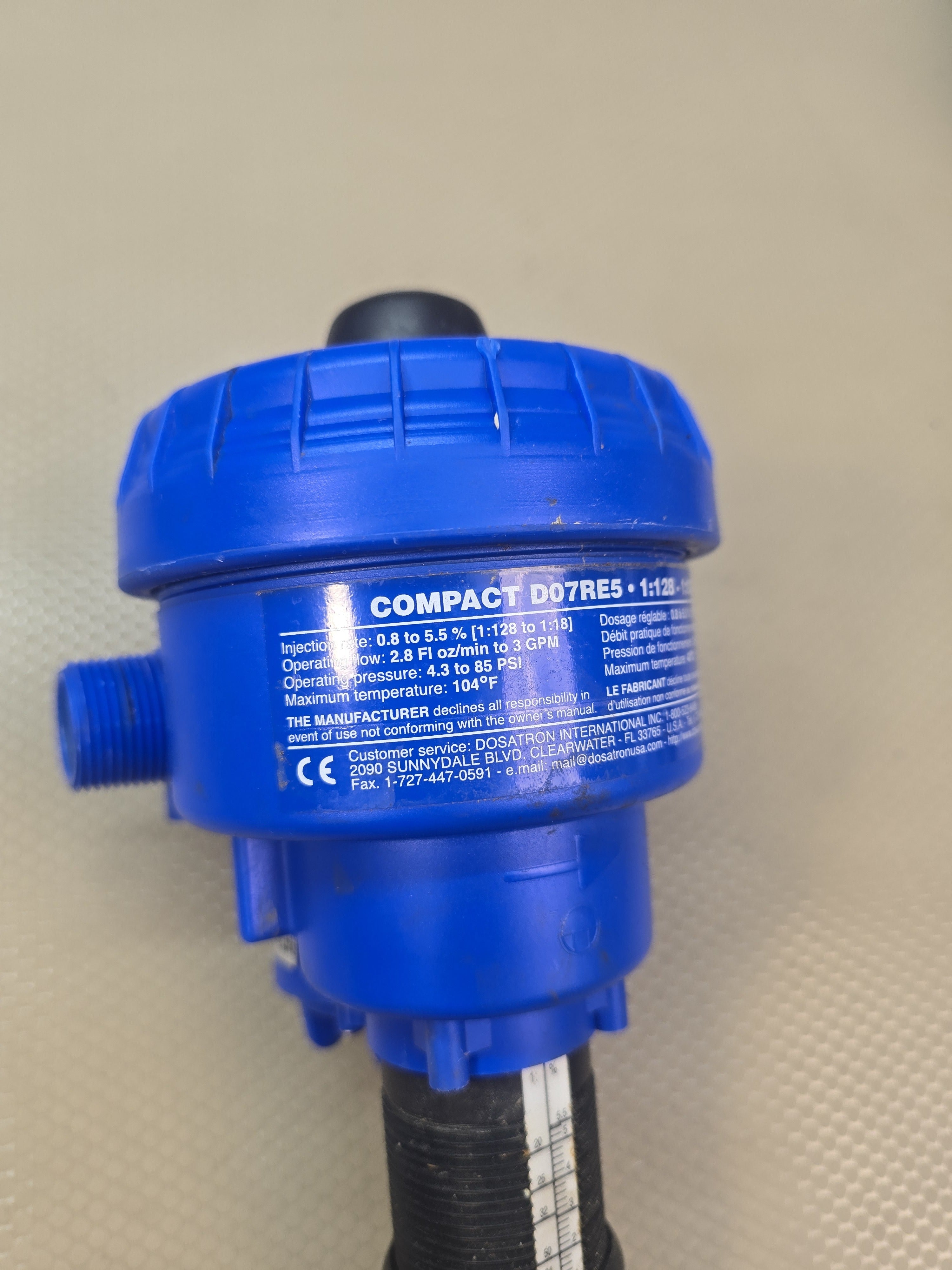 DOSATRON COMPACT D07RES Chemical Injector Doser 0.8-5.5% 2.8 Fl oz/min to 3 GPM