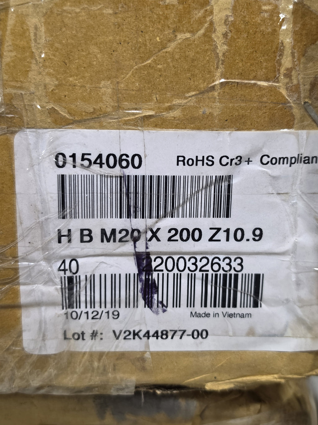 Fastenal M20-2.5 x 200mm Bolts DIN 931 Class 10.9 Zinc Hex Cap Screw *Lot of 5*