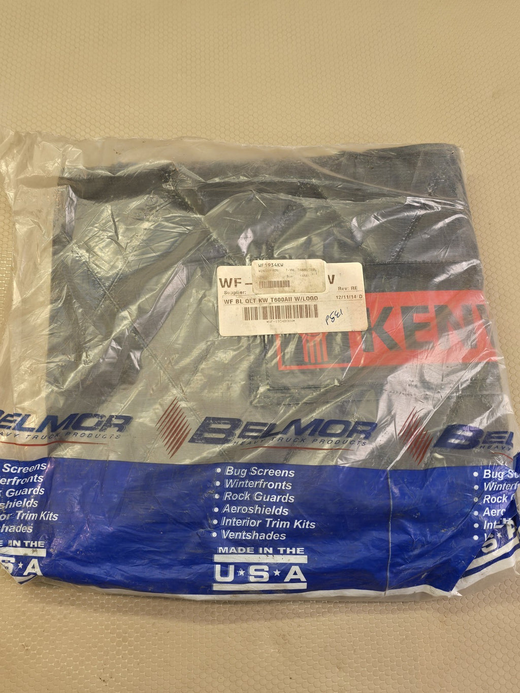 Belmor WF-1934KW Black Quilted Winterfront Grille Cover Kenworth T600AII Logo
