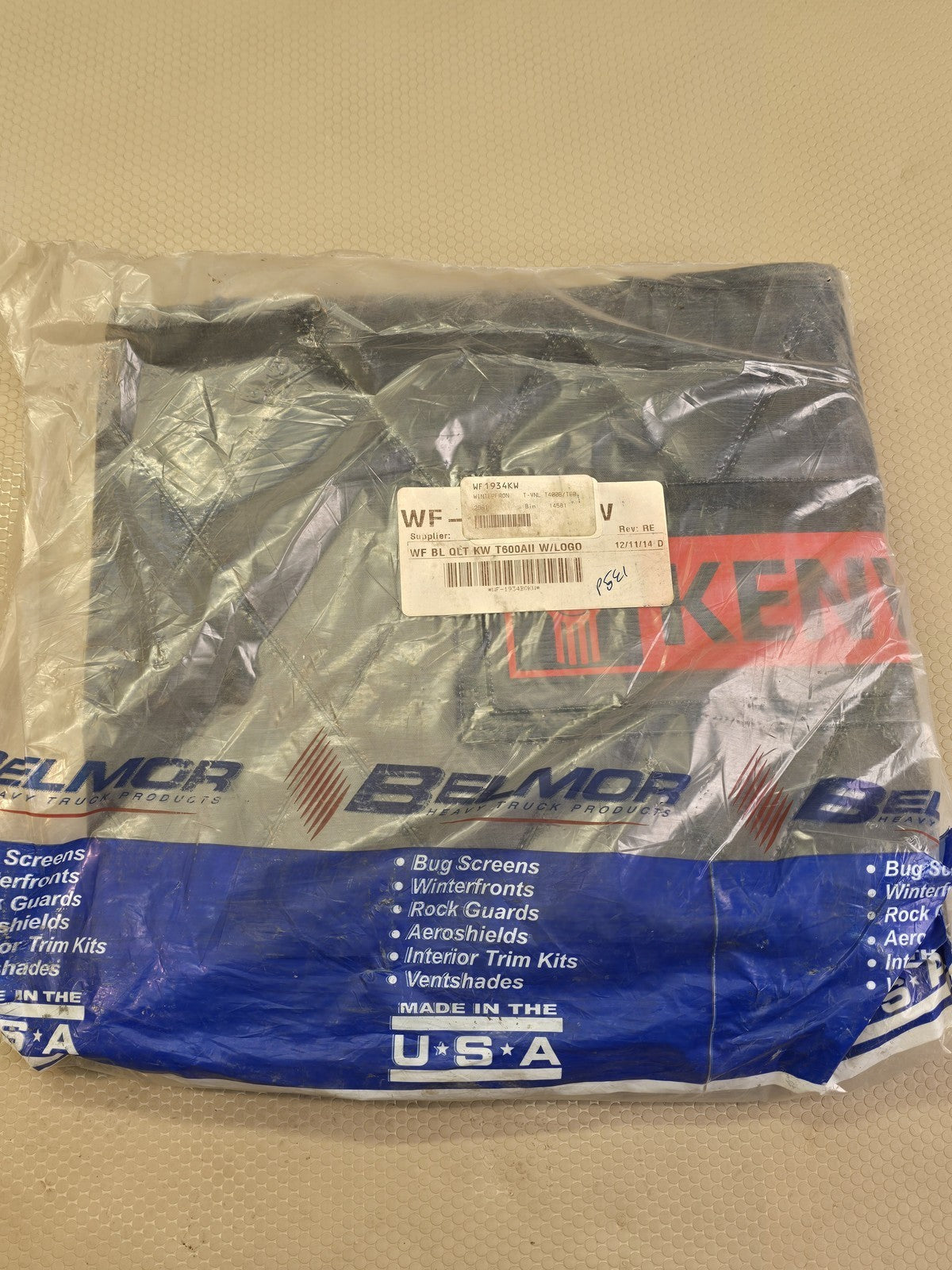 Belmor WF-1934KW Black Quilted Winterfront Grille Cover Kenworth T600AII Logo