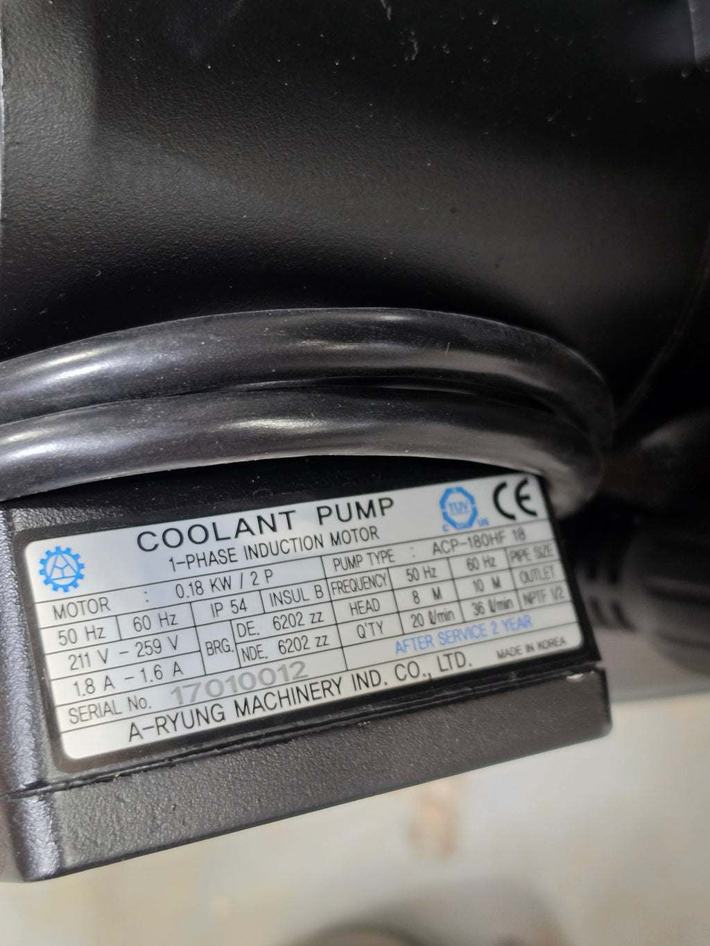 Haas 30-11602A Coolant Pump 1/4HP 1PH w/ Stand A-RYUNG ACP-180HF18 211-259V 50/60Hz 8M NEW