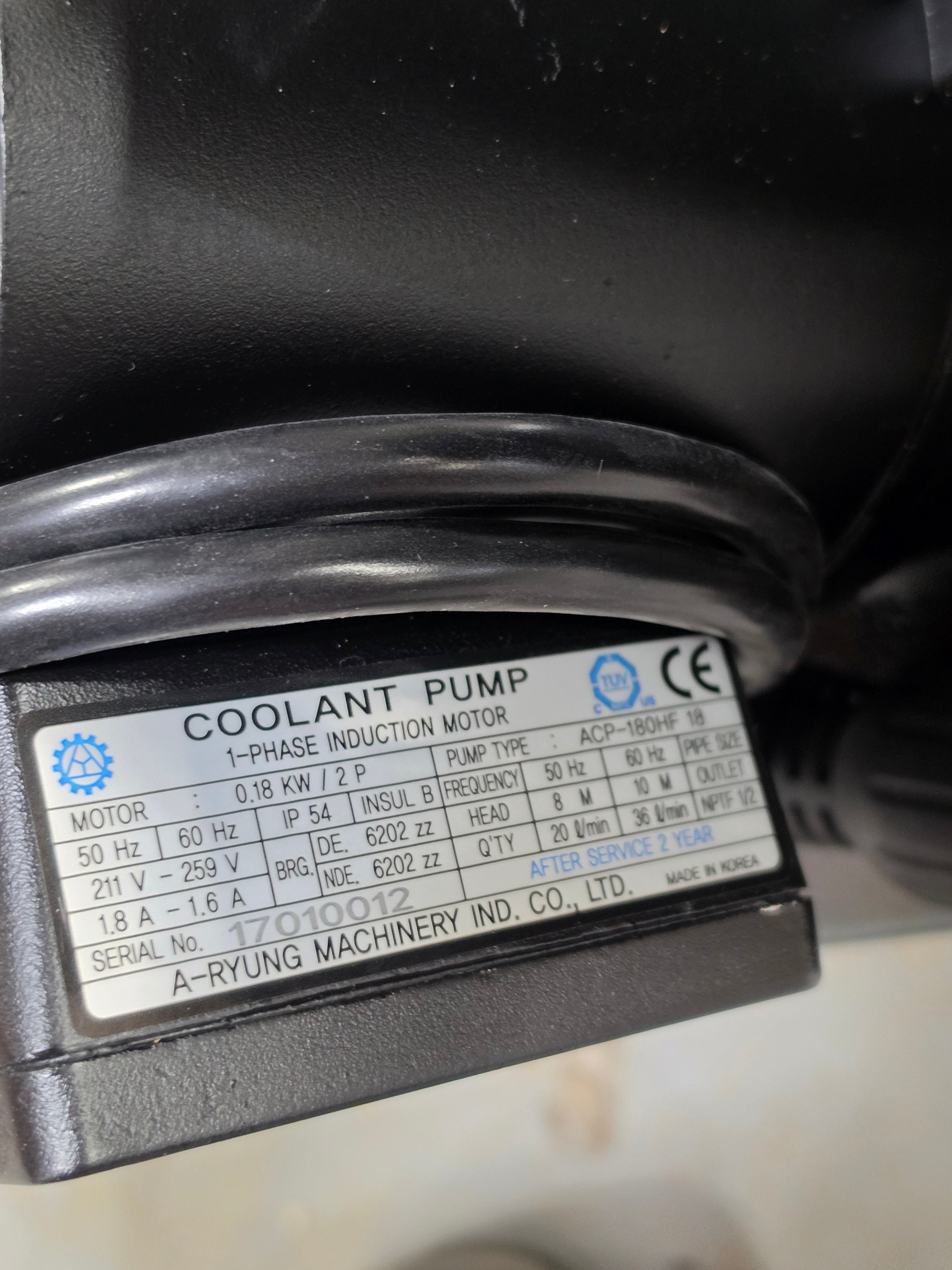 Haas 30-11602A Coolant Pump 1/4HP 1PH w/ Stand A-RYUNG ACP-180HF18 211-259V 50/60Hz 8M NEW