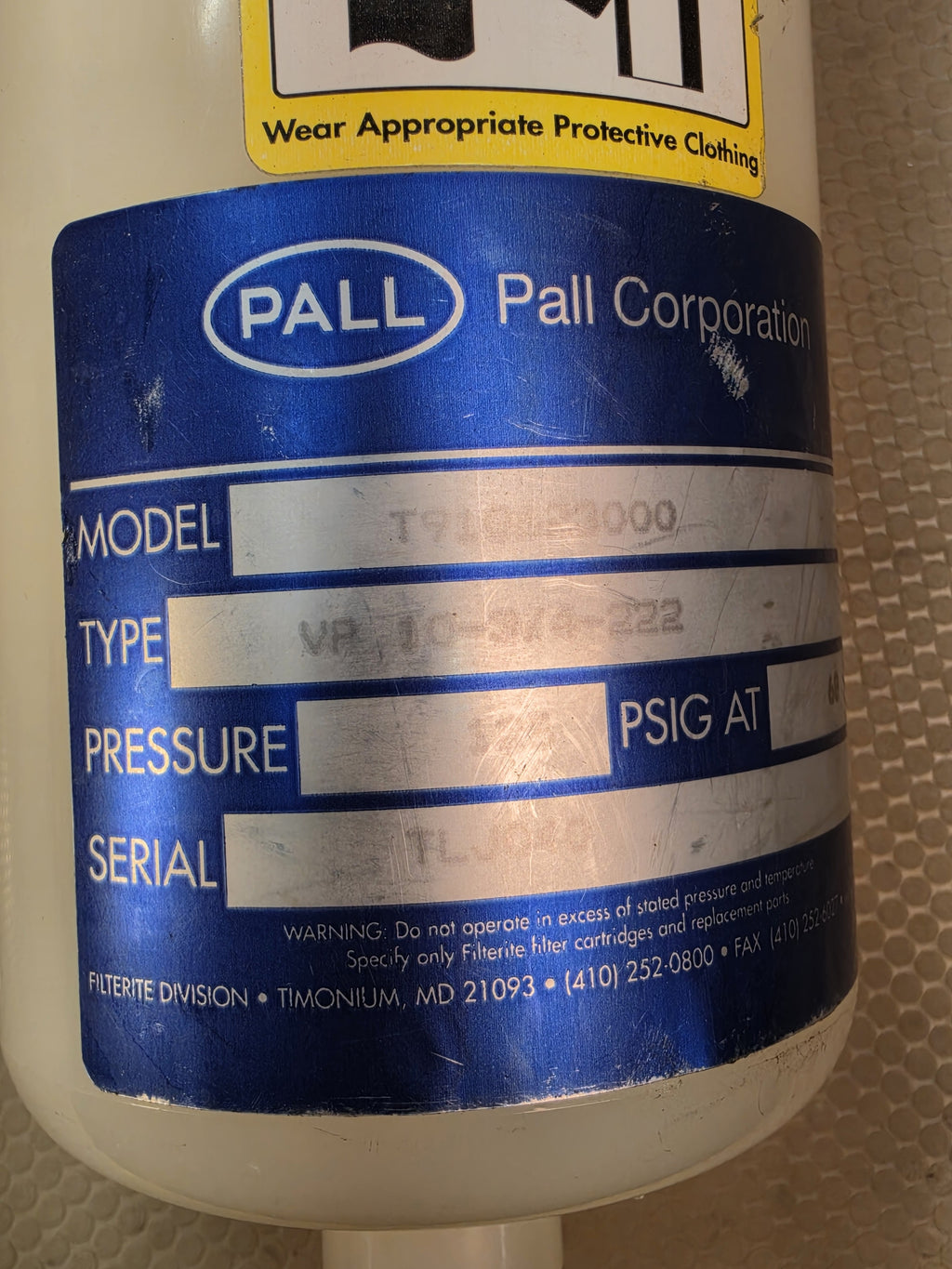 Pall T910423000 Filter Housing VP 10-3/4-222 Filterite Complete With New Filter