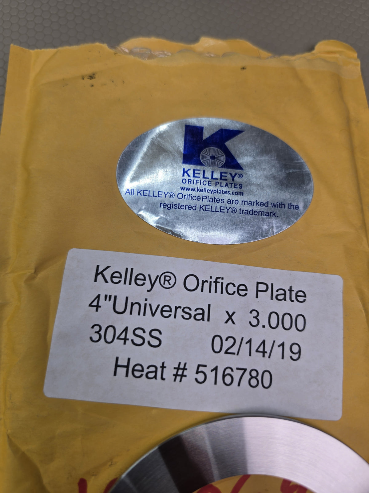 Kelley 4" Universal x 3.000 304SS Orifice Plate Heat 516780