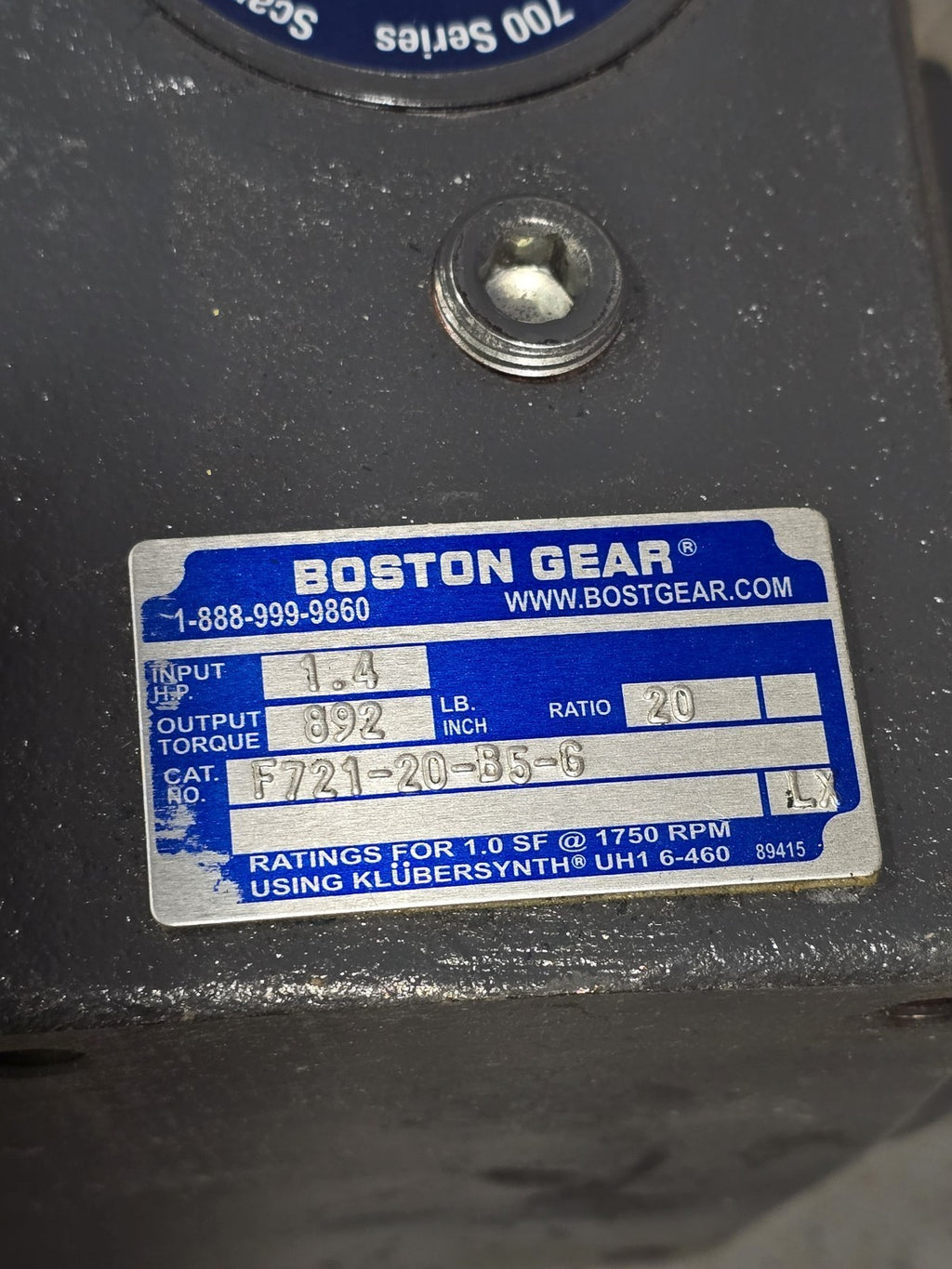Boston Gear F721-20-B5-6 Worm Gear Speed Reducer 20:1 Ratio 1.4 HP 700 Series