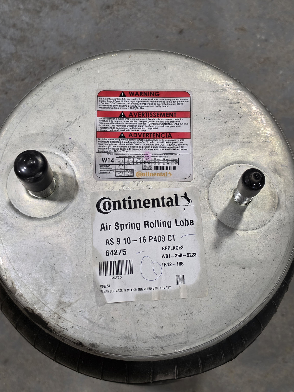 Continental 64275 AS9223 Air Spring Rolling Lobe W01-358-9223 1R12-188 New