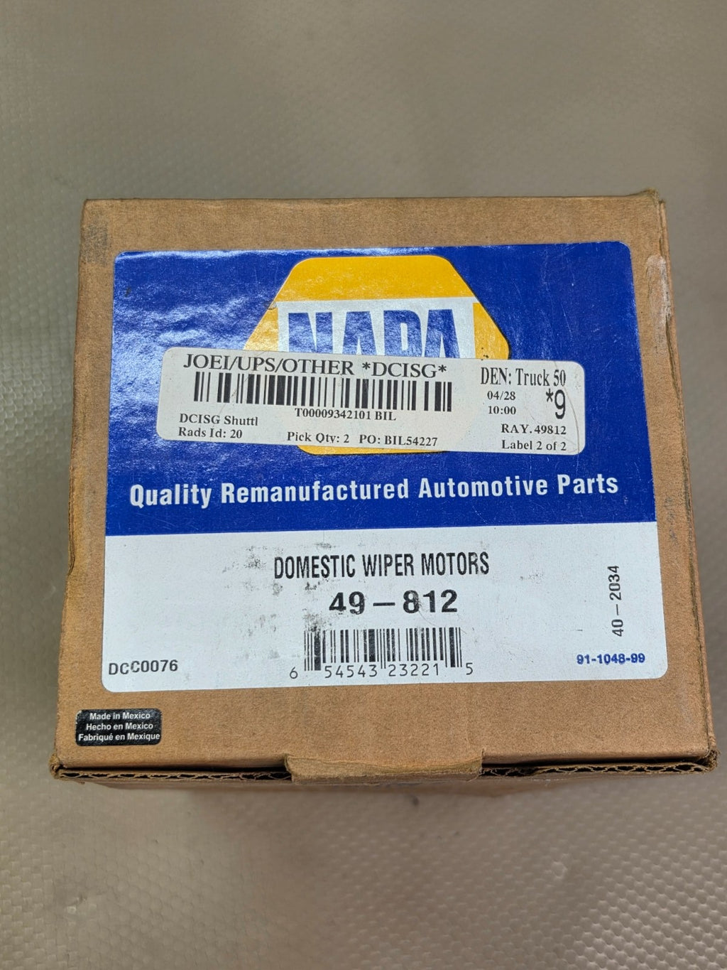 NAPA 49-812 Domestic Wiper Motor Remanufactured Automotive Part NEW