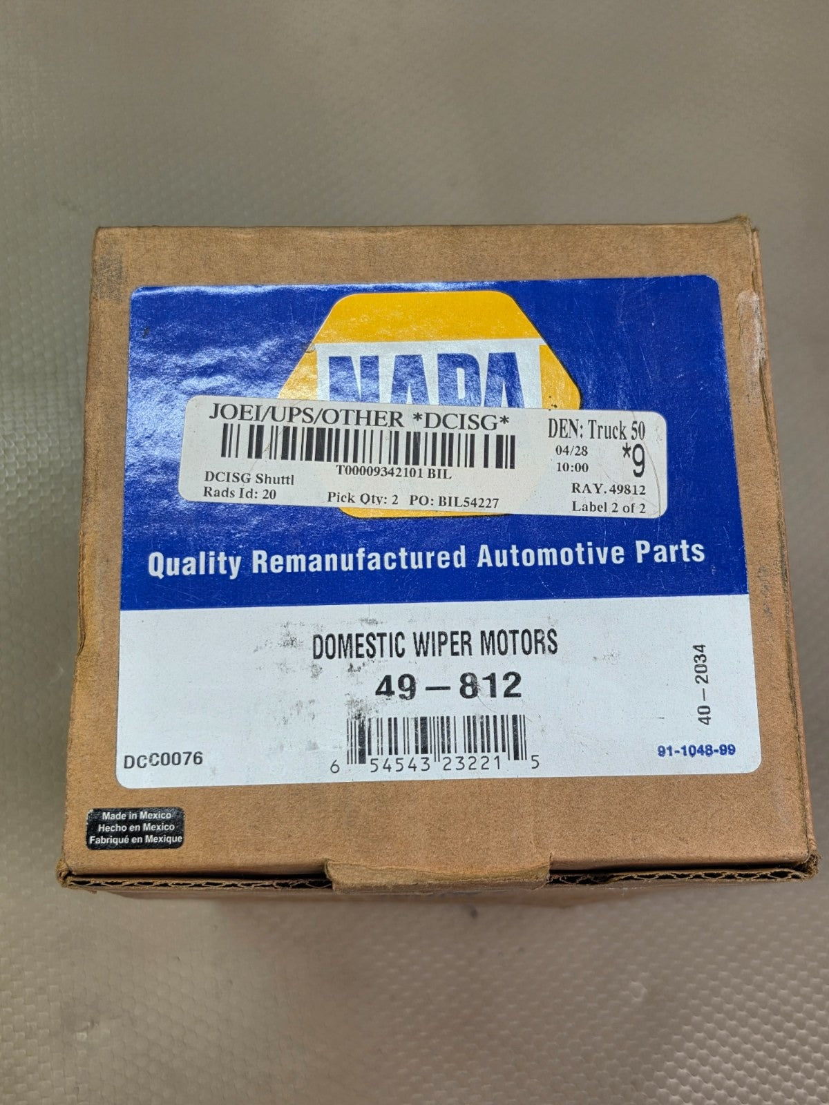 NAPA 49-812 Domestic Wiper Motor Remanufactured Automotive Part NEW