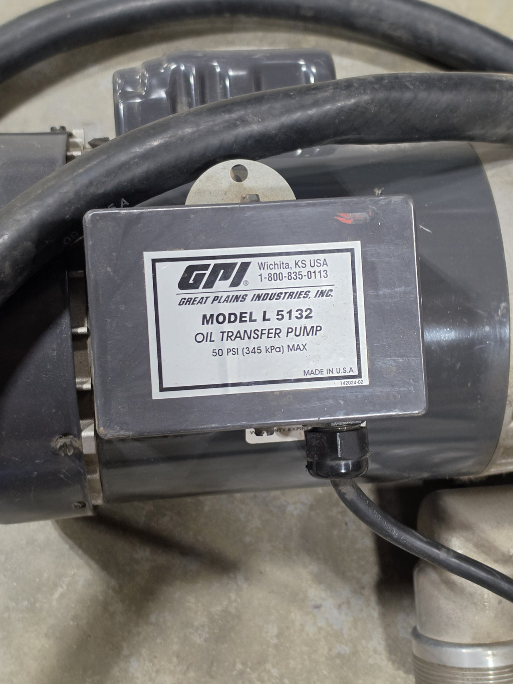 GPI L5132 Oil Transfer Pump 50 PSI Max w/ Hose & Nozzle Made in USA