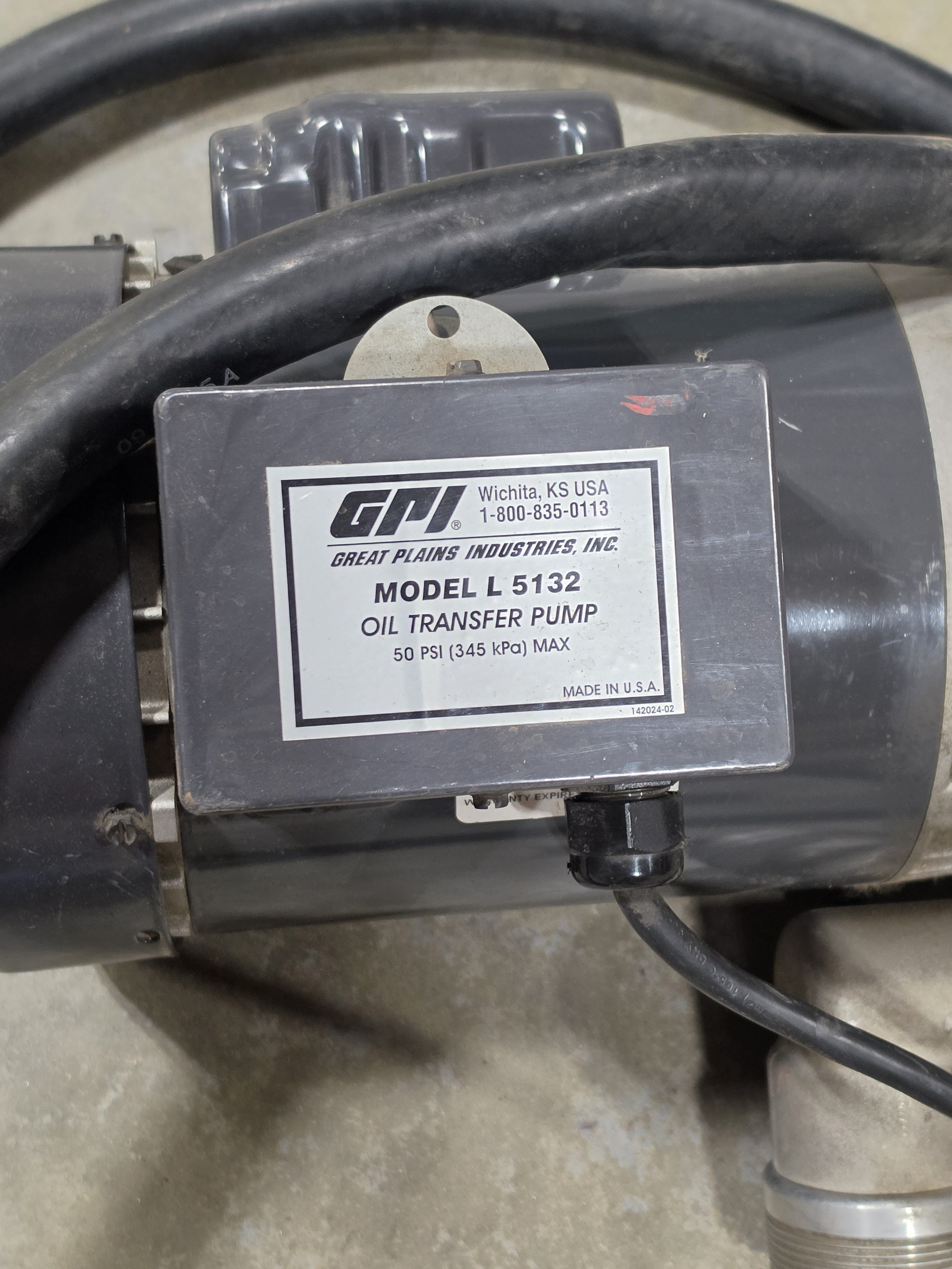 GPI L5132 Oil Transfer Pump 50 PSI Max w/ Hose & Nozzle Made in USA