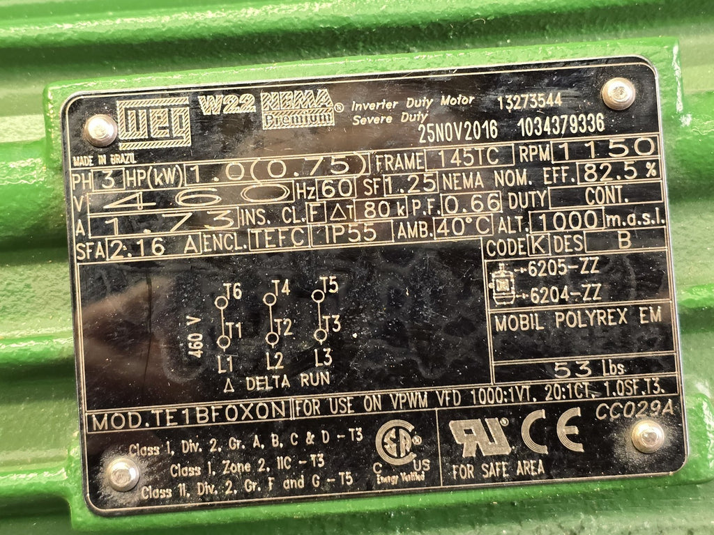 WEG 1 HP 1150 RPM Inverter Duty Motor 145TC 460V 3PH TEFC 00112ET3E145TC-W22