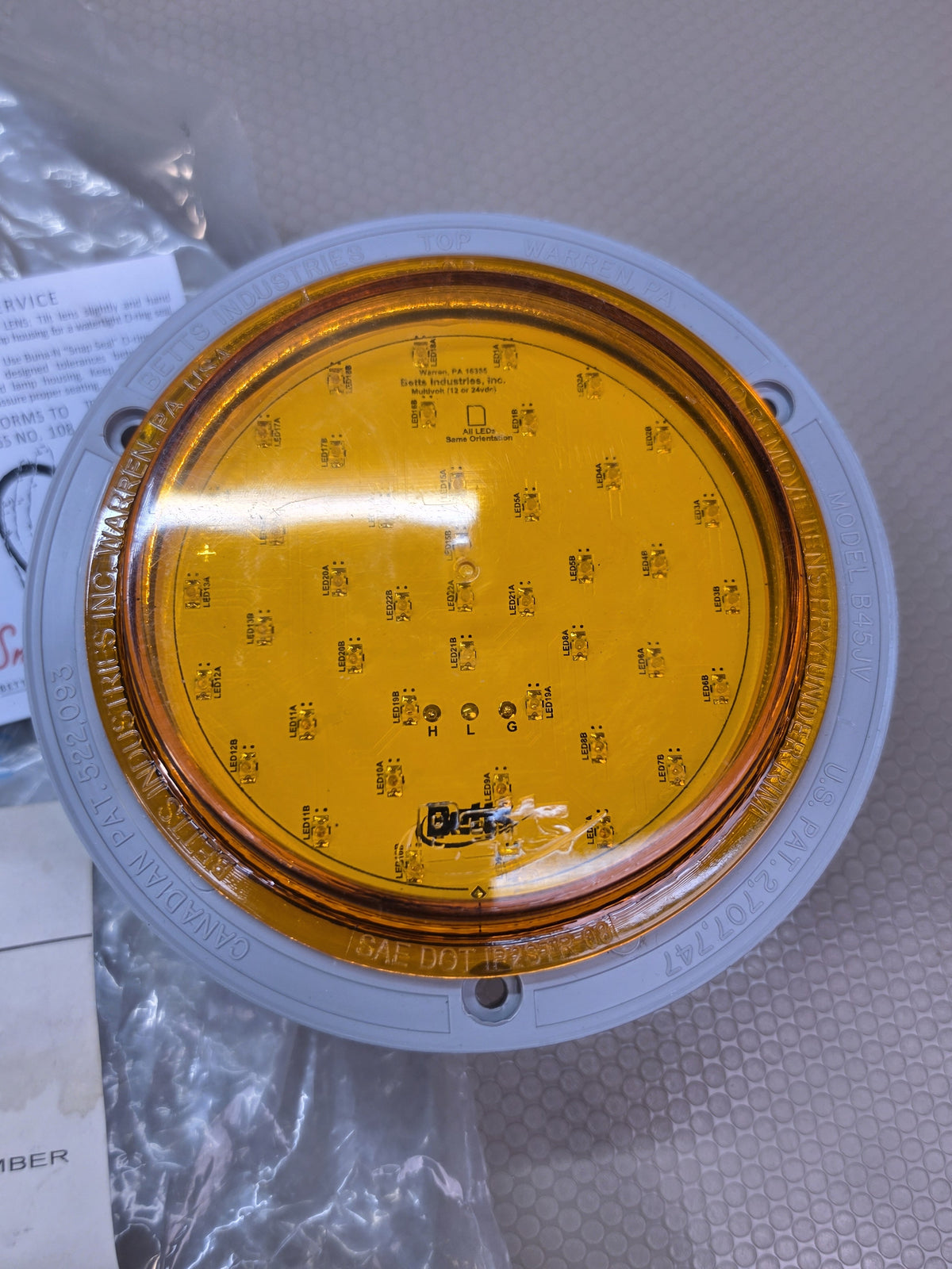 Betts 452025 Amber LED Turn Signal Light 4" Round Shallow 12V 45 Series TA4FHM2E