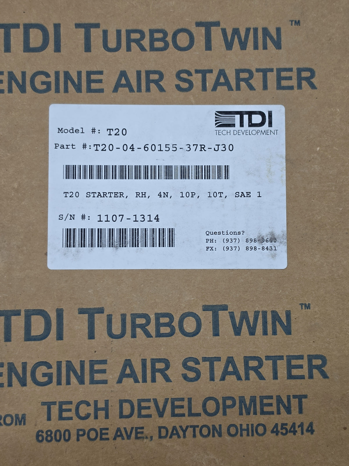 TDI T20-04-60155-37R-J30 TurboTwin T20 Engine Air Starter RH 10T SAE 1 New