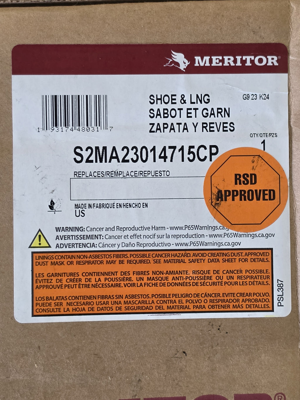 Meritor S2MA23014715CP Brake Shoe Lining Kit MR2301 4715A K24 RSD