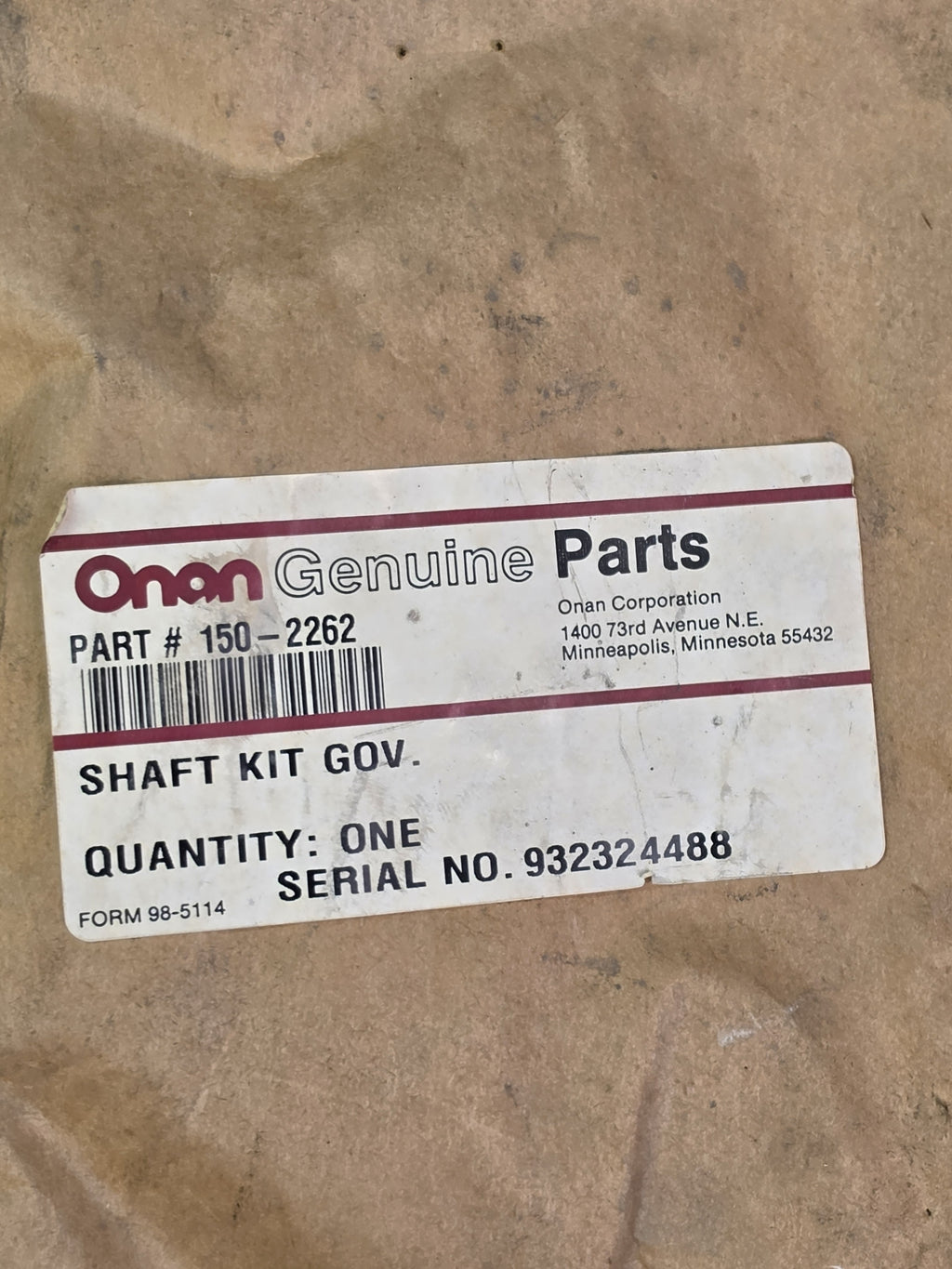 Onan 150-2262 Genuine Governor Shaft Kit