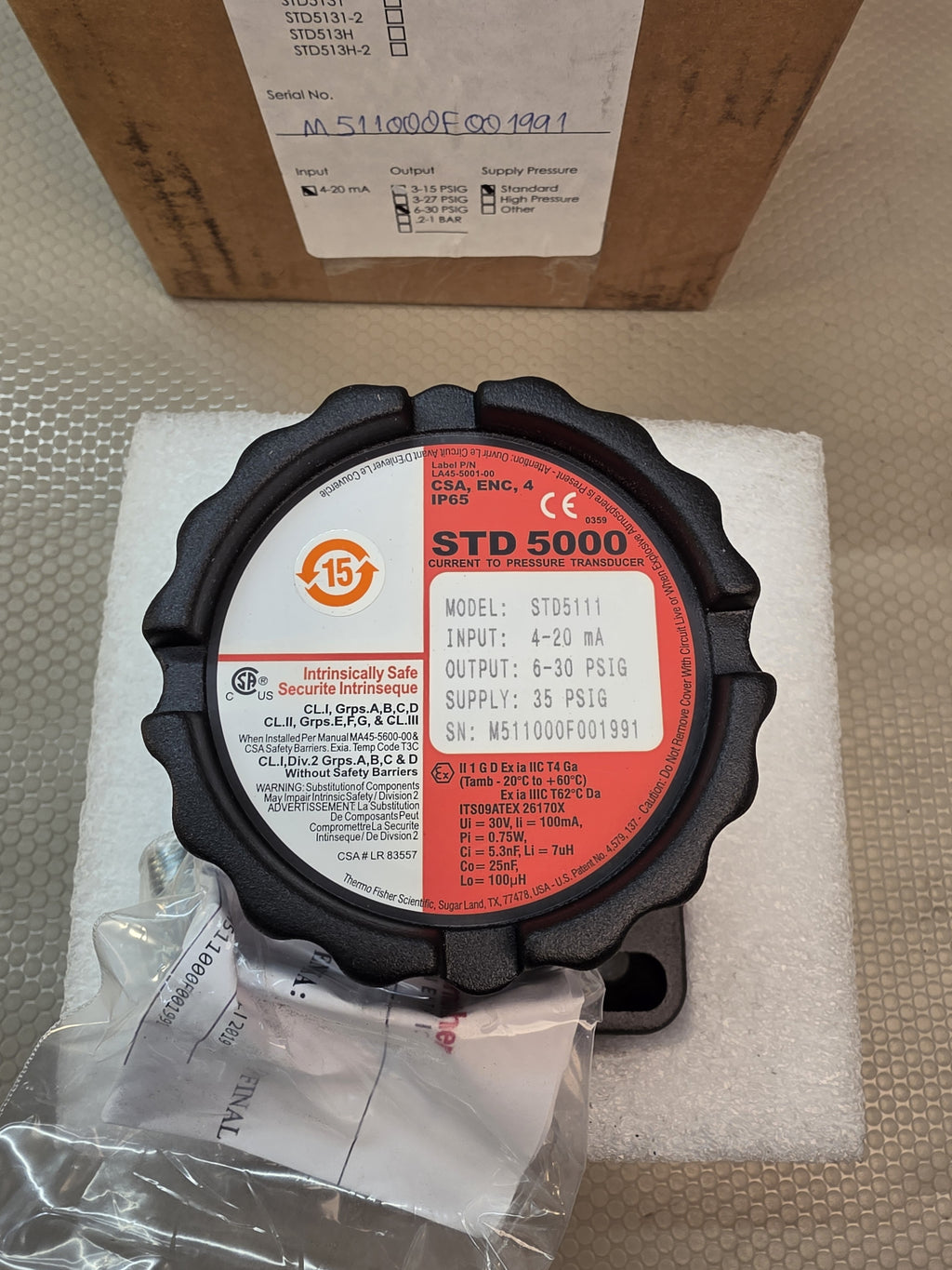 Thermo Fisher STD5111 I/P Current to Pressure Transducer 4-20mA 6-30 PSI - New