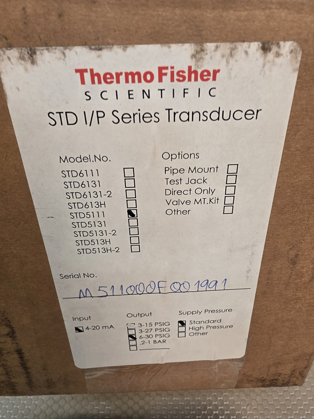 Thermo Fisher STD5111 I/P Current to Pressure Transducer 4-20mA 6-30 PSI - New