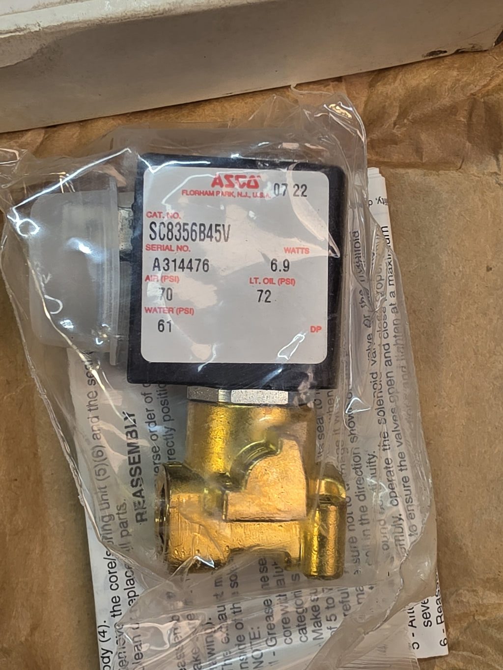 ASCO SC8356B045V 3-Way NC Solenoid Valve 1/8" NPT 120V DC Brass Subminiature NEW
